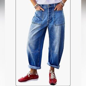 Flamingals Barrel Jeans Roll Ankle Stretchy Crop Fit Patch Pockets Medium Wash